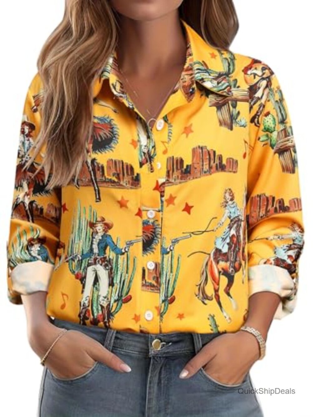 Women's Western Cowgirl Button Down Shirt Rodeo Print 3/4 Sleeve Country Top